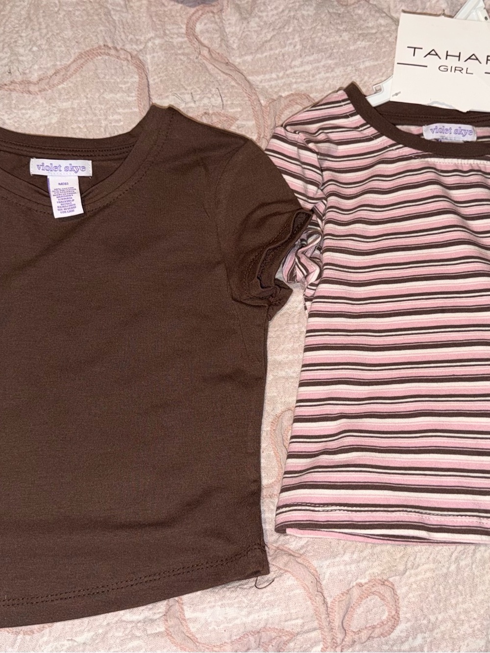 Violet Sky Girls' Brown & Pink Striped Short Sleeve Tee Set
